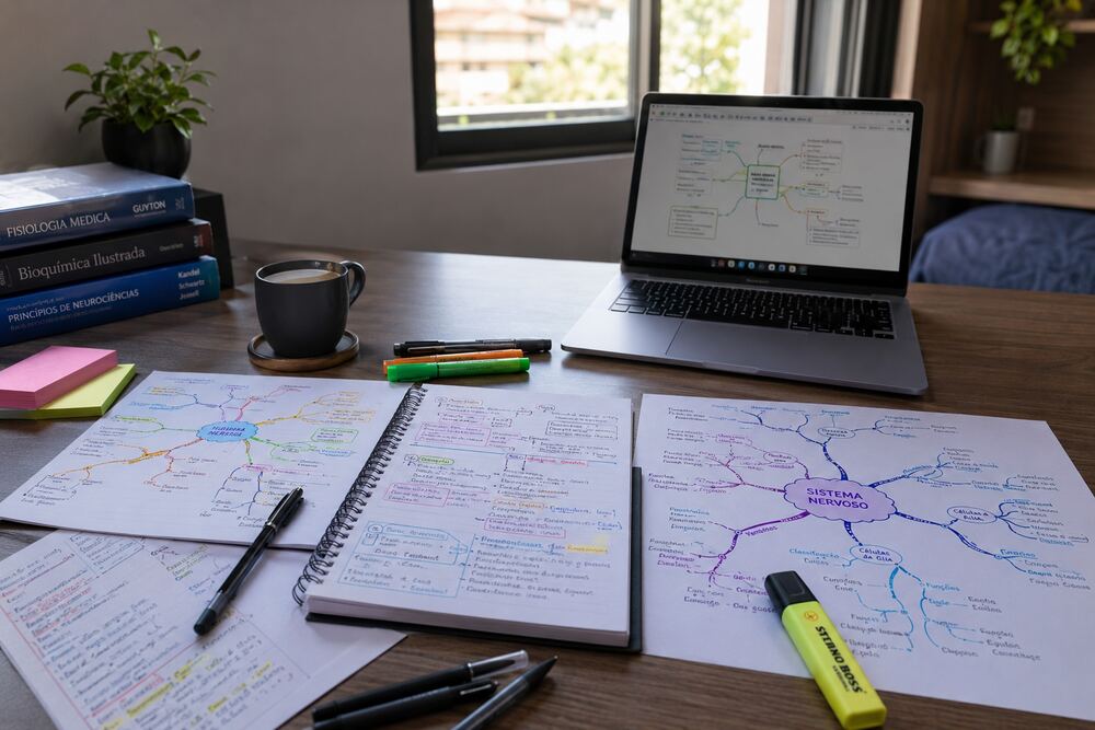Mapas mentais e resumos organizados sobre a mesa de estudos, com laptop ao fundo
